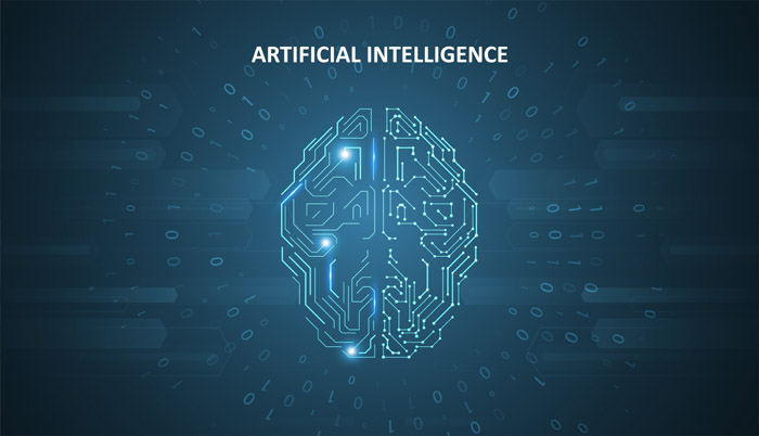 Artificial Intelligence illustration. Artificial intelligence and machine learning concept. Digital computer code. Data transfer concepts in internet.